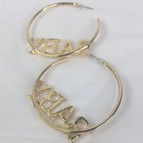BABY spellout gold tone hoop earring 90's hiphop vibe retro - Picture 4 of 4